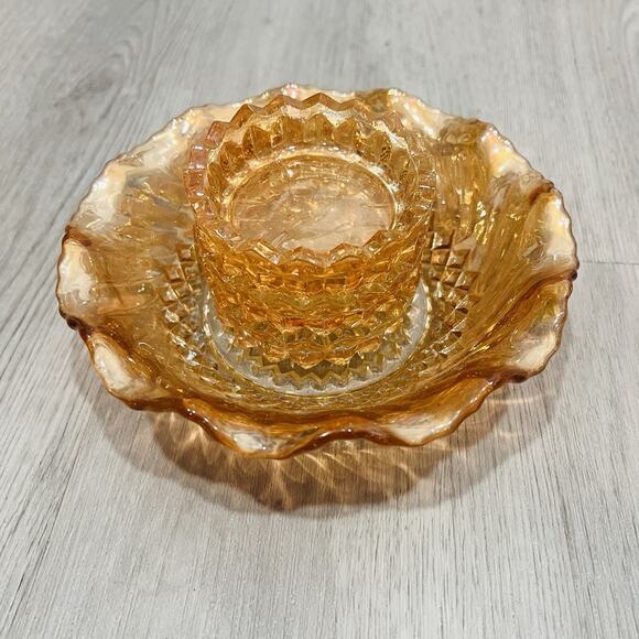 Vintage Amber Pressed Glass Serving Bowls, Scalloped Edge...